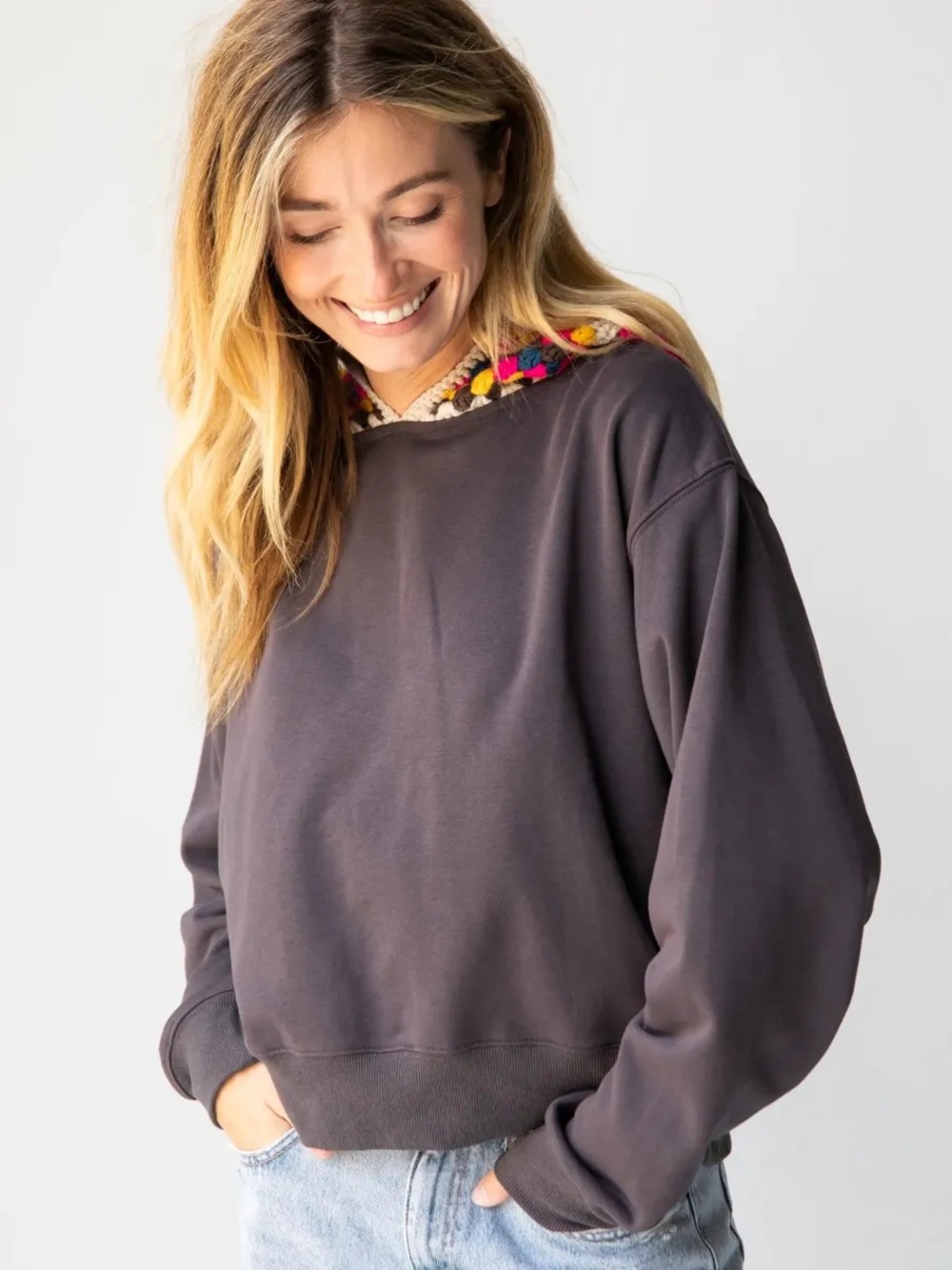 NATURAL LIFE Dark Gray Sweatshirt with Multicolor Crochet Hood - Picture 5 of 14